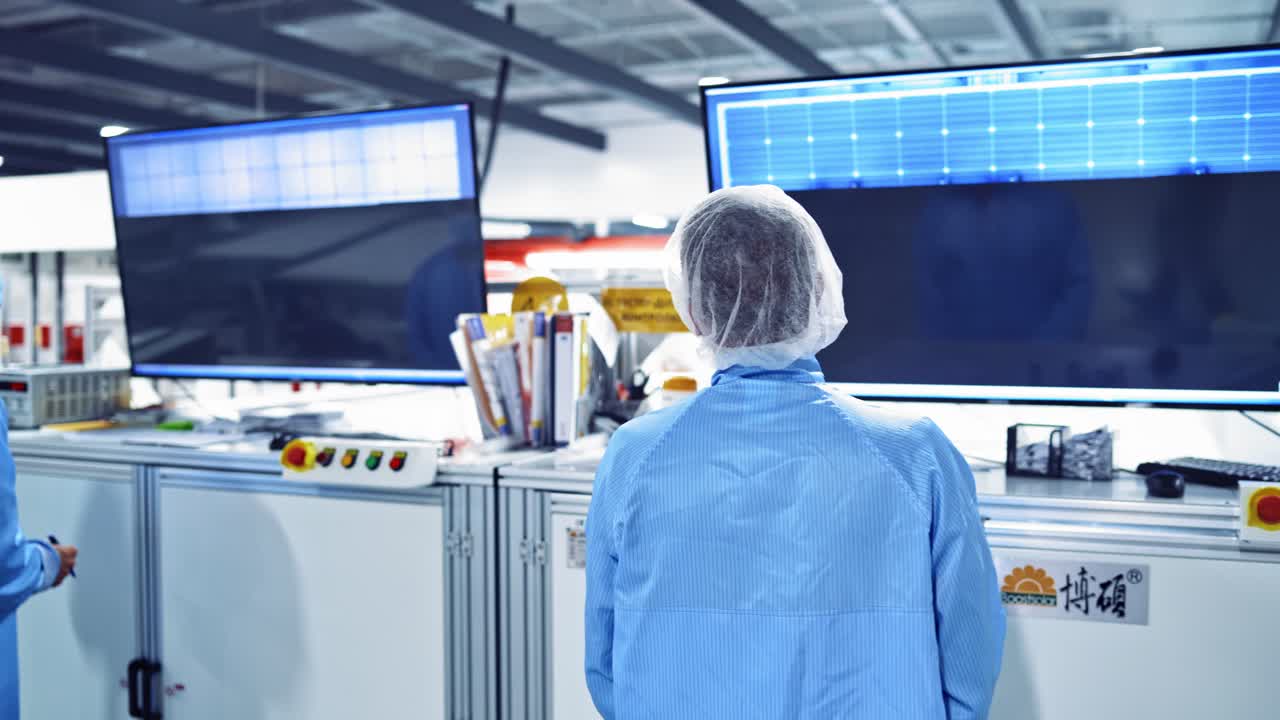 Technicians control the work of robotic equipment. Backside view of professional workers in protective uniform looks at big screens inside the modern plant.
