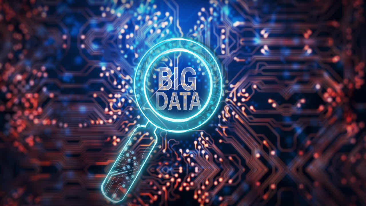 Animation of magnifying glass with big data text over computer circuit board