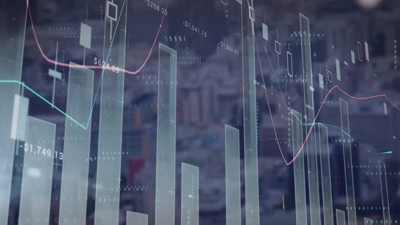 Animation von Finanzdatenverarbeitung am Computer auf dunklem Hintergrund