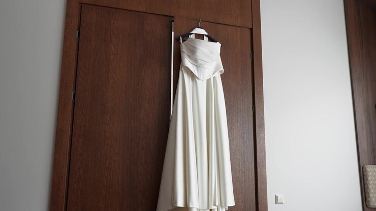 Un immacolato abito da sposa bianco pende con grazia su una porta di legno in un interno moderno e illuminato dal sole. La luce naturale soffusa evidenzia il tessuto fluente, evocando una calma e romantica attesa.