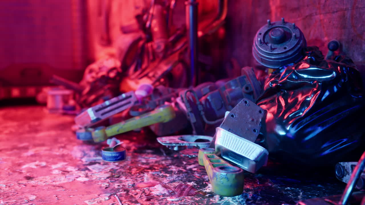 Car parts in a garage under red and blue lights