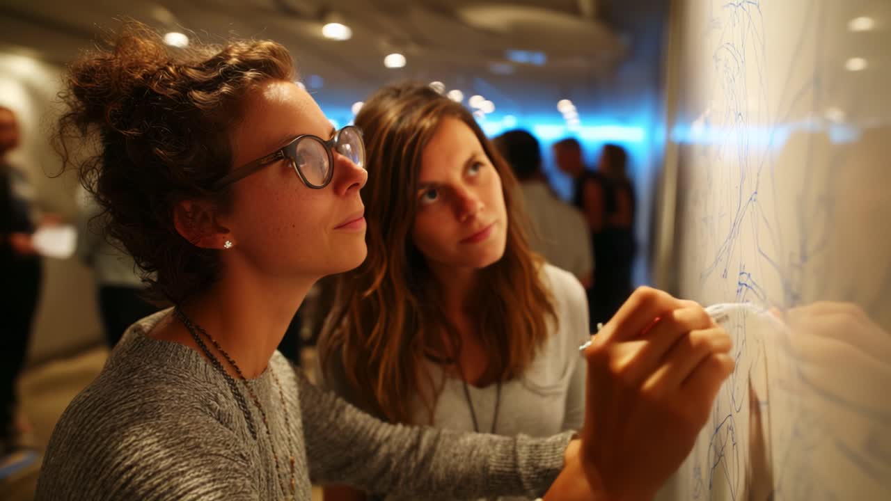 Two women engaging in a collaborative brainstorming session, focused on creating visual ideas and designs on a whiteboard in a bright, modern workspace environment