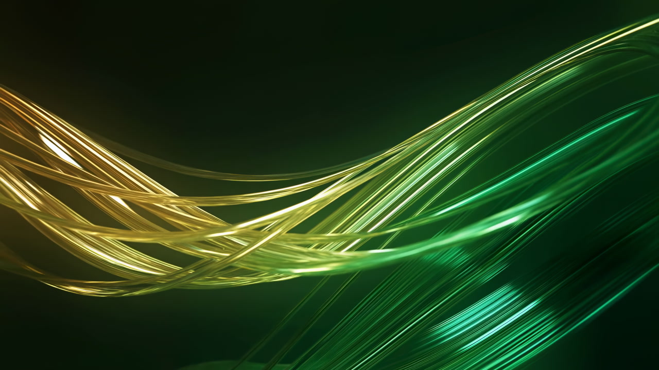Glowing Green Gold Light Ribbons Sweep Across Dark Background Creating Elegant Futuristic Energy Flow