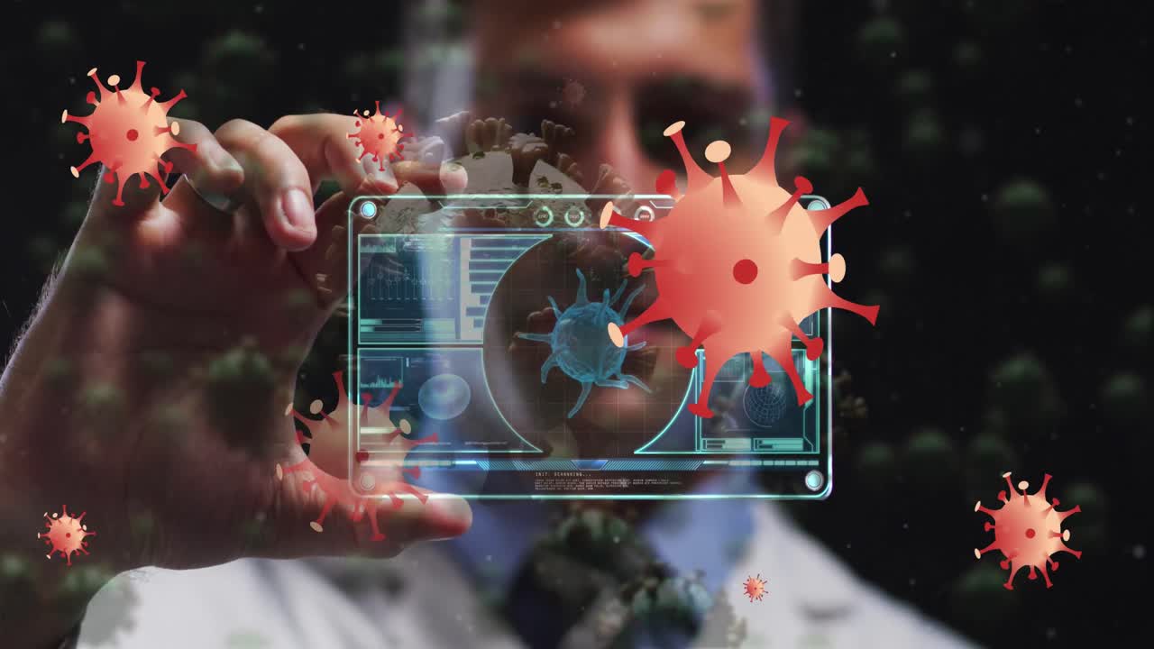 animación de células naranjas del virus sobre médico caucásico con tarjeta digital con datos del virus