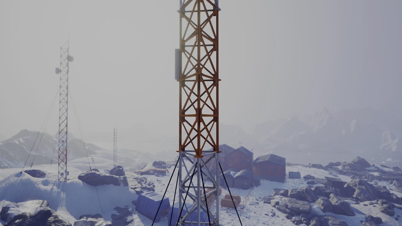 Exploring an icy landscape with communication towers under a cloudy sky