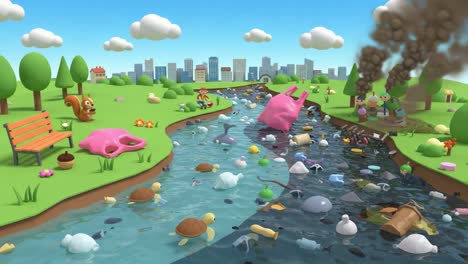 an animated portrayal of a polluted river overflowing with litter such as plastics and waste, showcasing the impact of pollution on wildlife and the environment