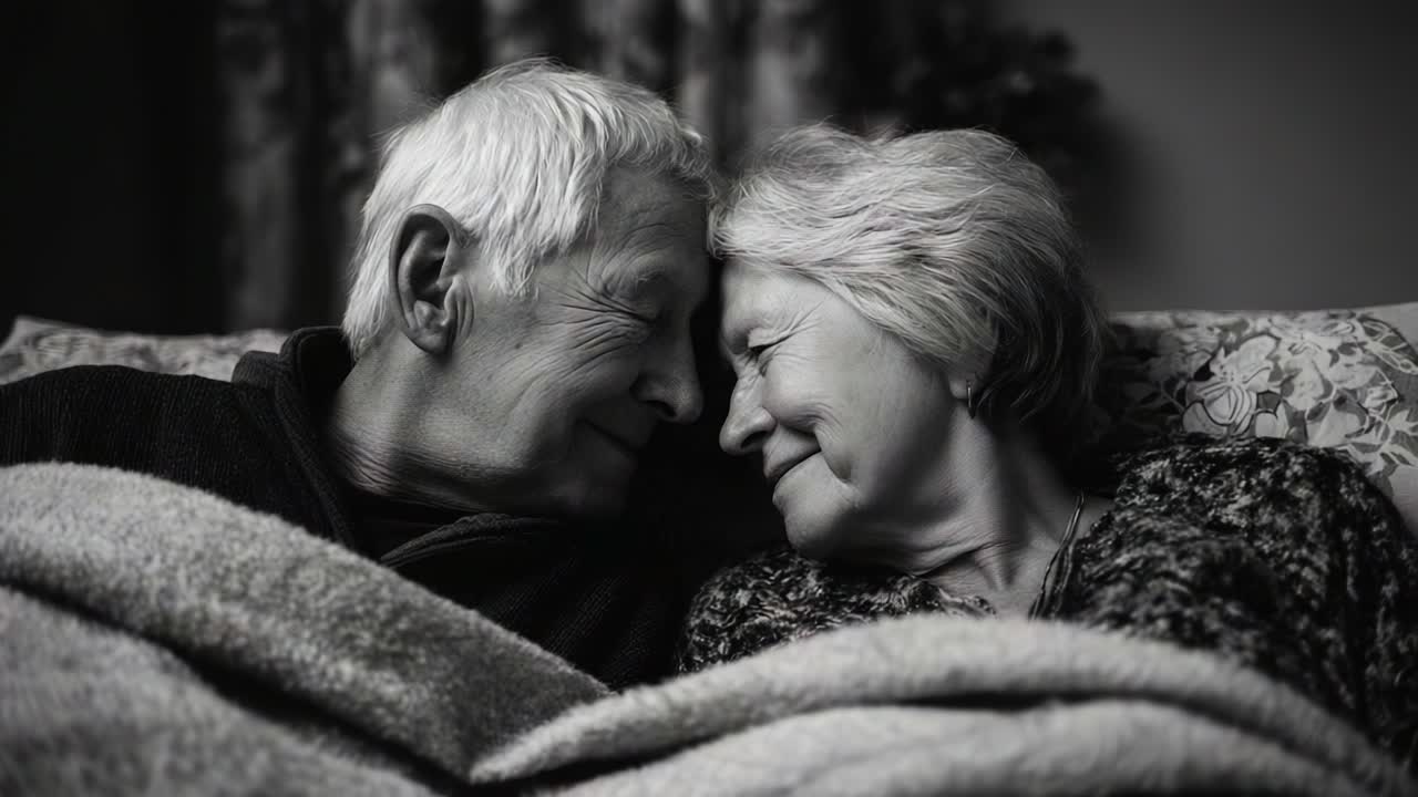 Un tenero momento tra due anziani che condividono calore e affetto, catturato in bianco e nero, che enfatizza la loro connessione emotiva e la bellezza di un amore duraturo negli anni