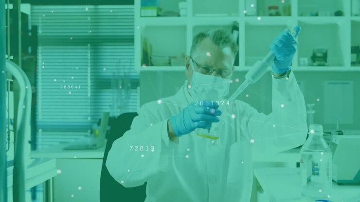 Animation of network of connections over caucasian male scientist in laboratory