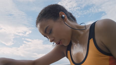 Runner,-breathe-and-black-woman-tired-while-on-run