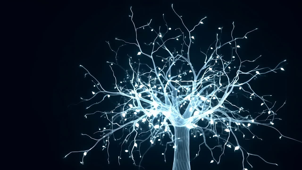 Glowing Neural Tree Branching With Synapses, Icy Blue Luminescent Branches Pulse Like Electrical Circuits,