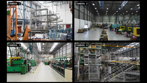 Four-security-camera-views-of-industrial-warehouse-and-factory-interiors,-slow-motion