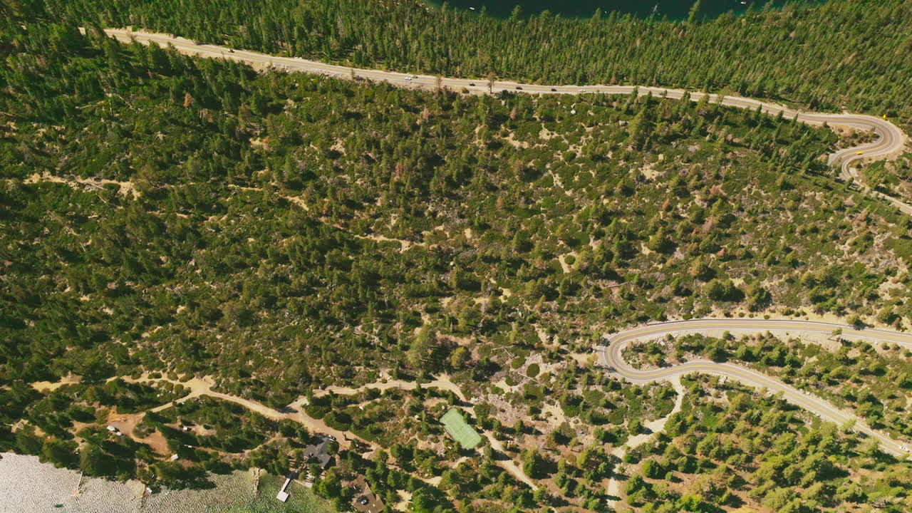 Rocky landscape of the shore overgrown with pine trees and green grass. Wavy road crossing the forest at the bank of the lake.