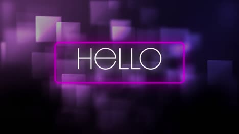 animación digital del texto de saludo en un marco rectangular de neón contra múltiples formas cuadradas en un respaldo púrpura