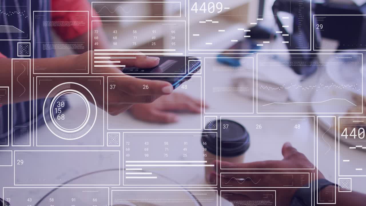 Cafe worker holding phone while cashier tapping card reader, HUD overlays animating during checkout