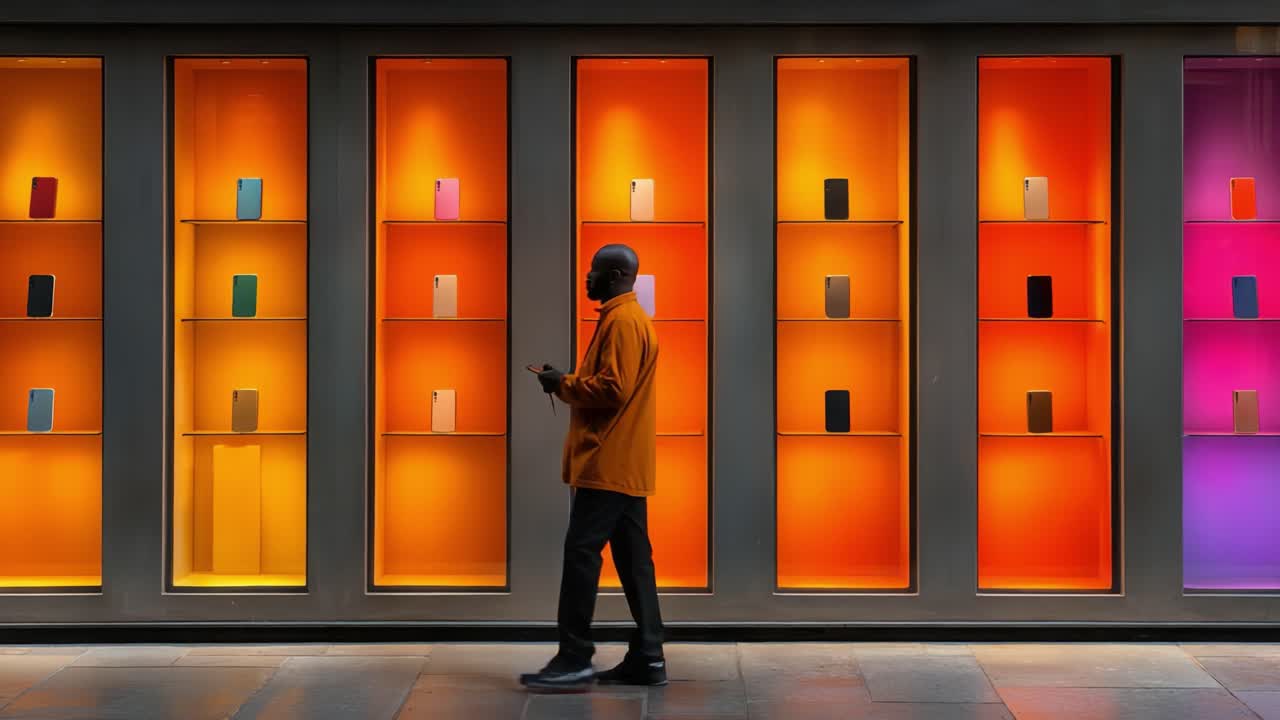 A Vibrant Display of Colorful Products Captures Attention as a Man Walks Past, Highlighting the Innovative Intersection of Fashion and Technology in Modern Retail Spaces