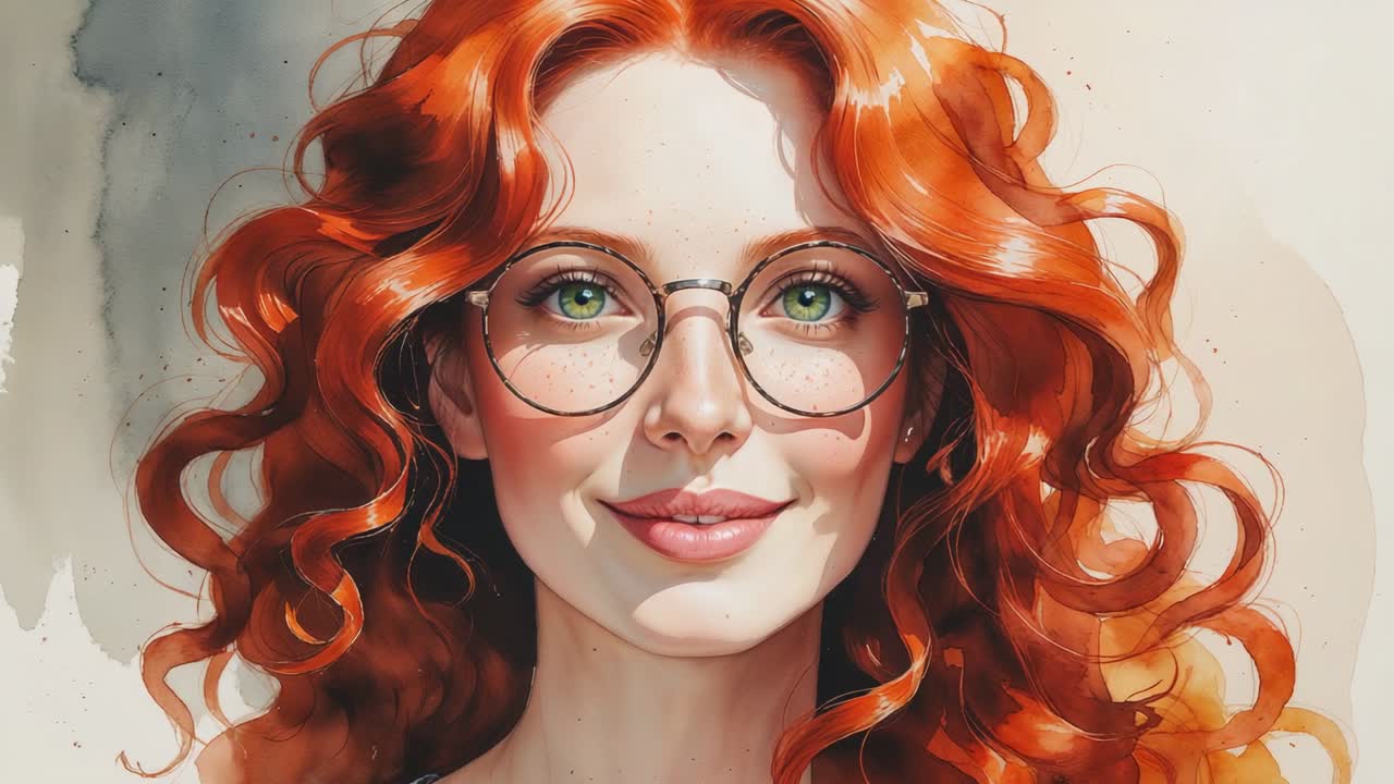 Camera capturing woman with red hair wearing round metal-framed eyeglasses smiling in studio