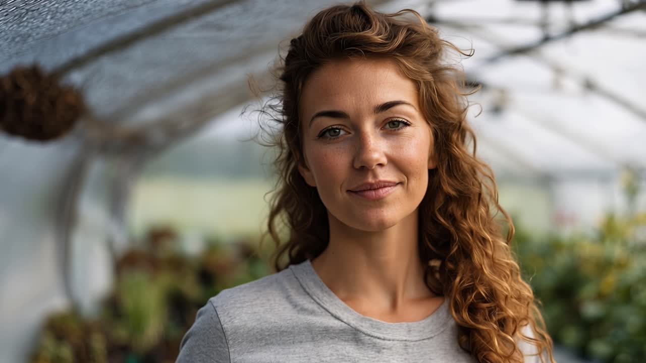 Nærbillede af en smilende ung kvinde i et drivhus