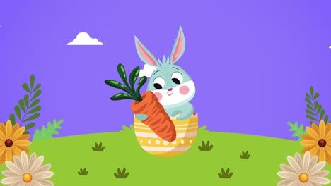 feliz día de pascua con el conejo lindo abrazando la zanahoria en el jardín