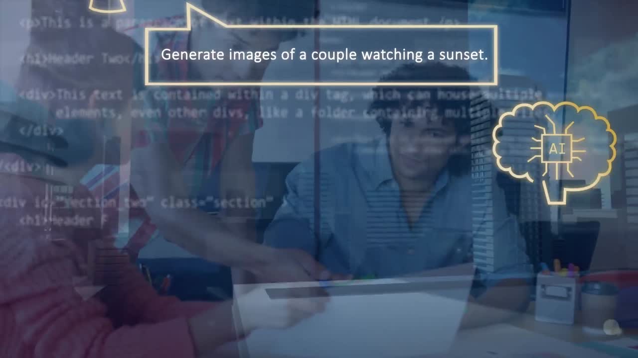 Animation of ai generated data processing against diverse colleagues discussing at office