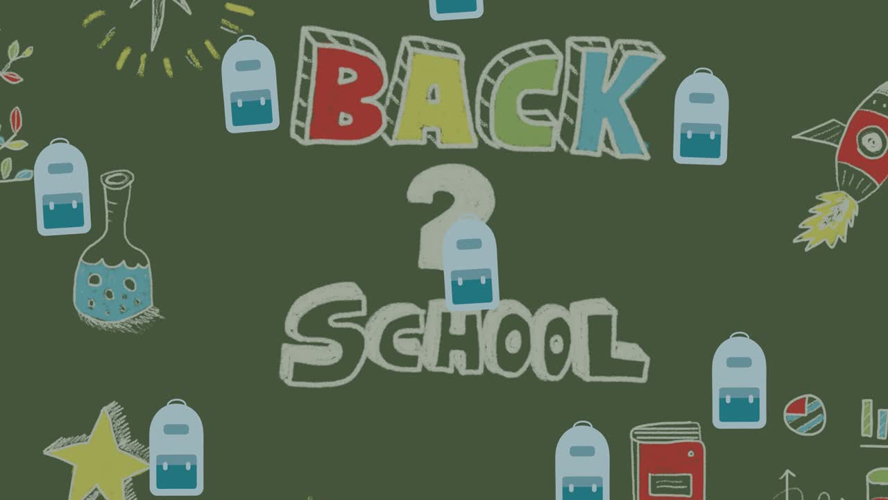 반복되는 학교 가방의 애니메이션이 학교 텍스트로 돌아와 녹색 칠판에  ⁇ 글을 찍습니다.