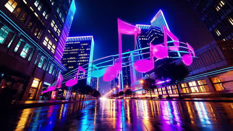 city at night with neon music notes