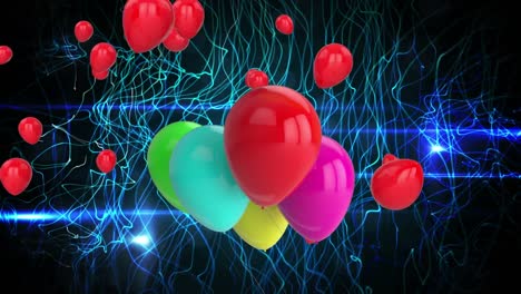 Animation-of-balloons-over-blue-trails-on-black-background