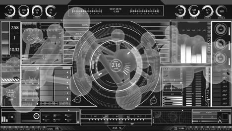 futuristic interface with data processing animation over mechanical components and graphs