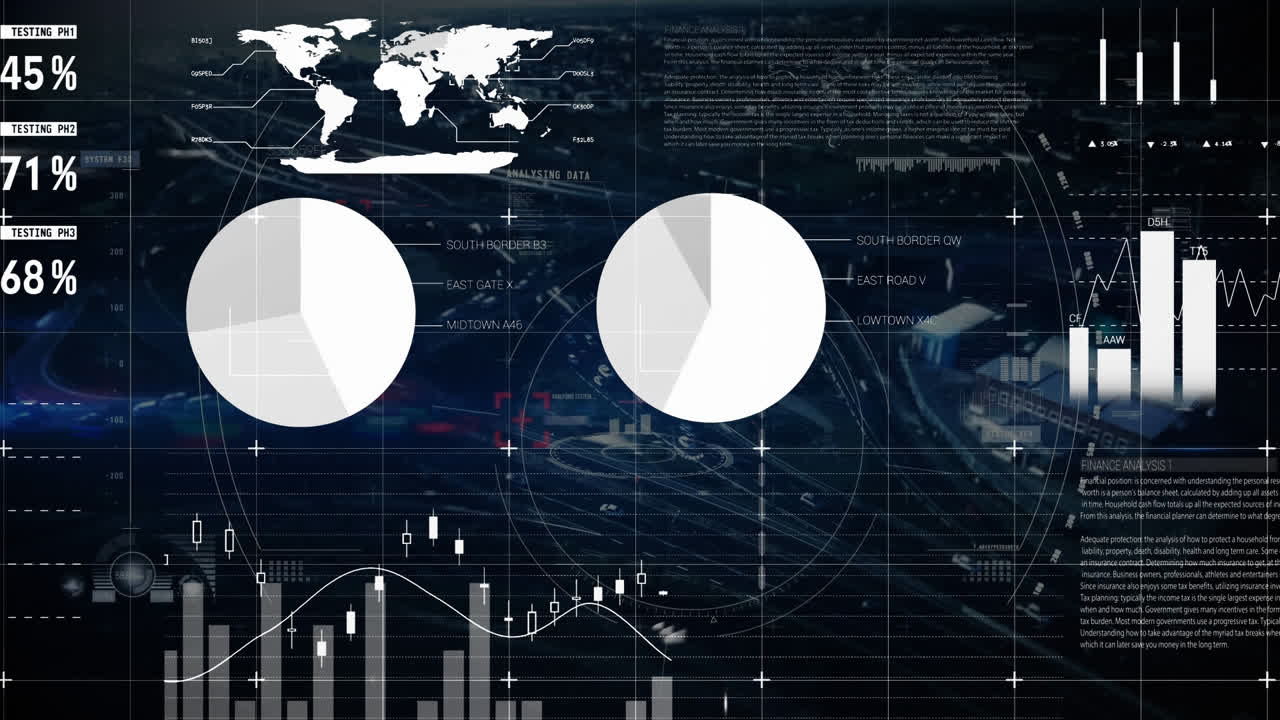 animación de estadísticas y procesamiento de datos sobre el paisaje urbano