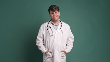 happy ethnic young man in white robe medical uniform on green background
