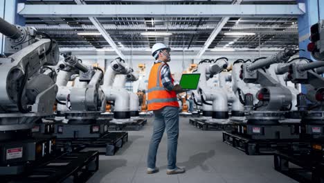Engineer Working with Robotic Arms in a Modern Factory