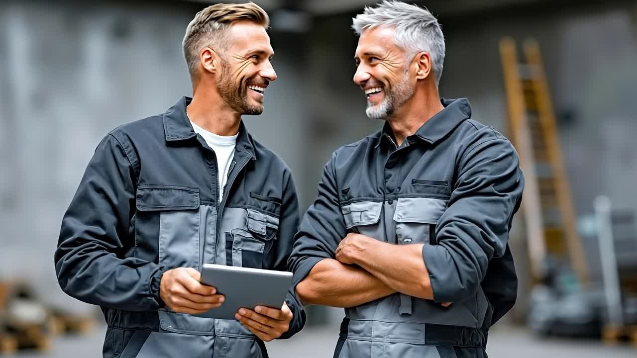 Two men in workwear looking at a tablet