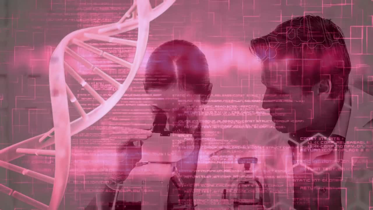 Science Composition Animated DNA with coded text combined with a photo of scientists c