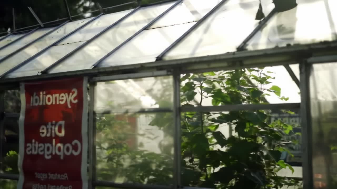A Lush Greenhouse Environment Showcasing Healthy Plants and Vibrant Growth Under Sunlight with Transparent Glass Panels and Vibrant Warning Signs