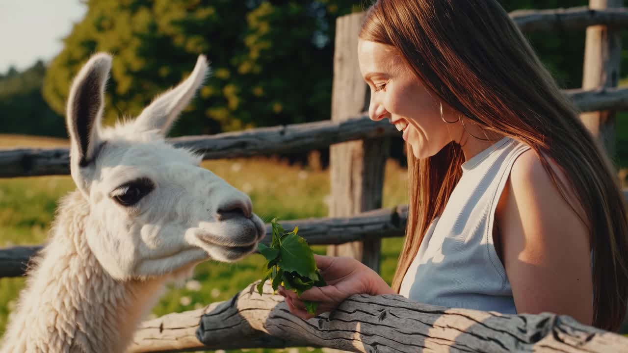 Woman feeding a llama