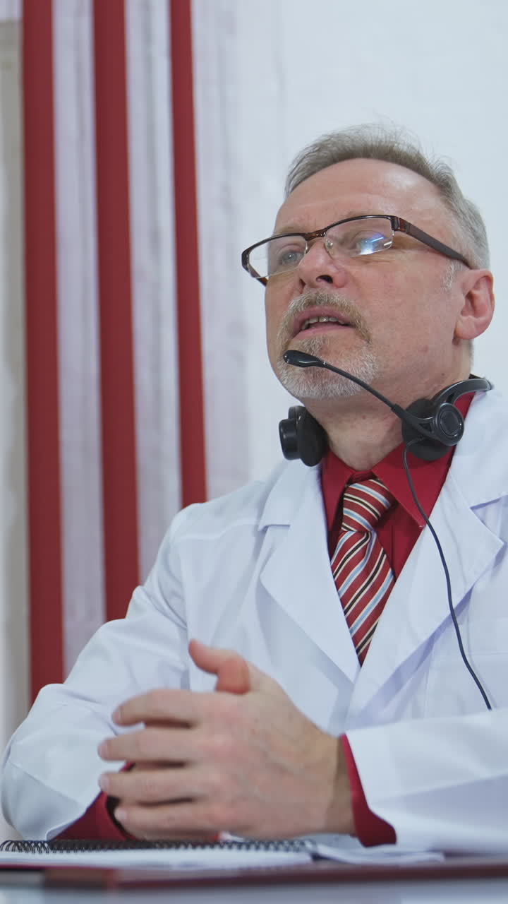 Happy satisfied mature doctor is working with patient via phone. Looking at phone in modern clinic office. Closeup. Vertical video