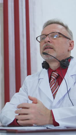 happy satisfied mature doctor is working with patient via phone. looking at phone in modern clinic office. closeup. vertical video