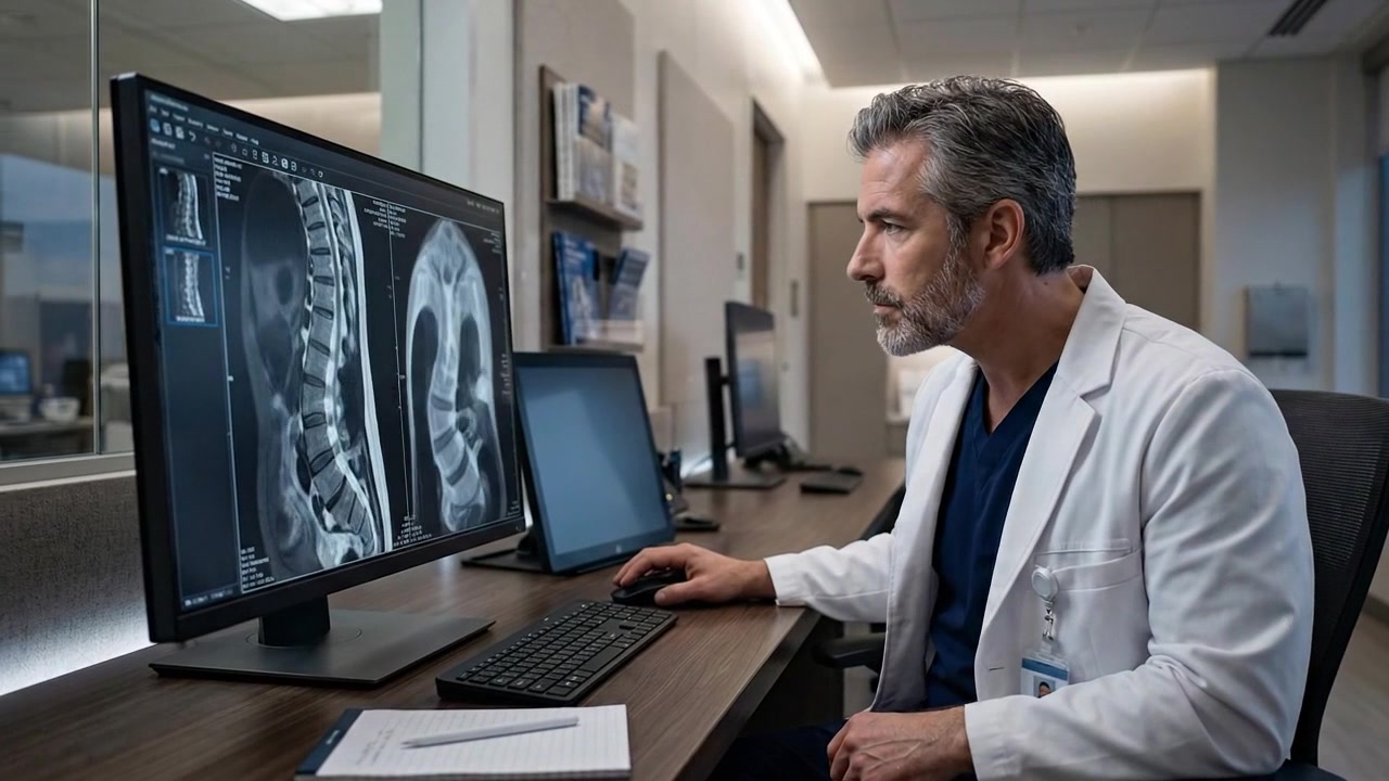 Doctor Working on Computer Monitor in Modern Clinic