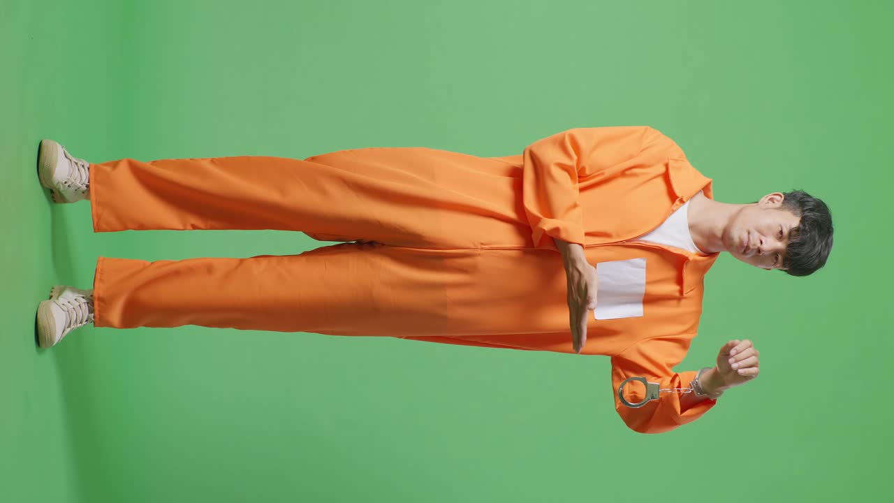 Full Body Of Asian Male Prisoner Standing On The Green Screen Background, Smiling, Showing The Handcuffs And Pointing To Them