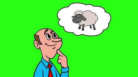 man thinking about sheep - 4k animation with green background.