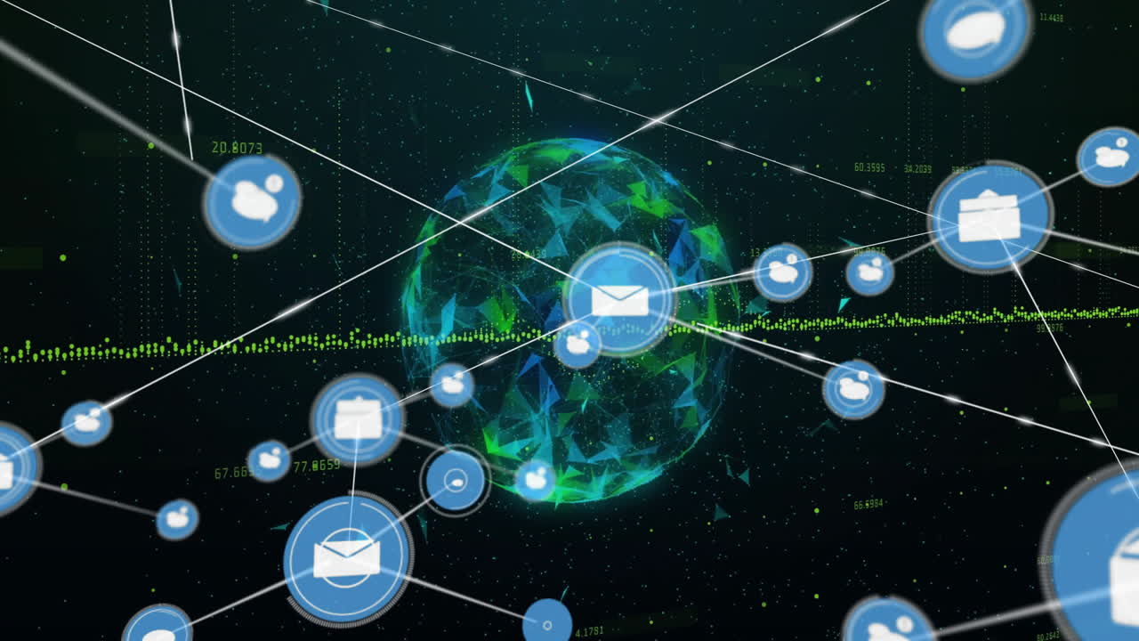 Digital communication network with email icons connected over globe animation