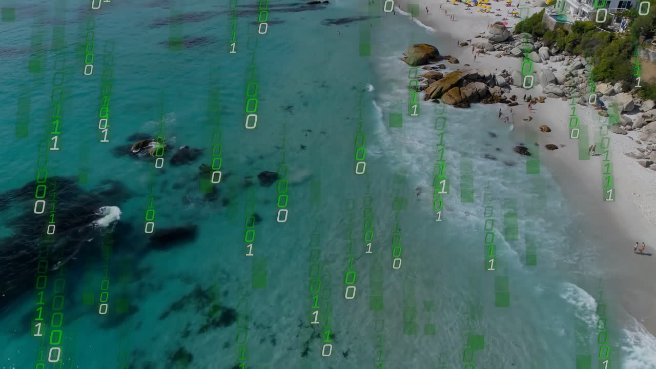Binary code animation over aerial view of beach and ocean waves
