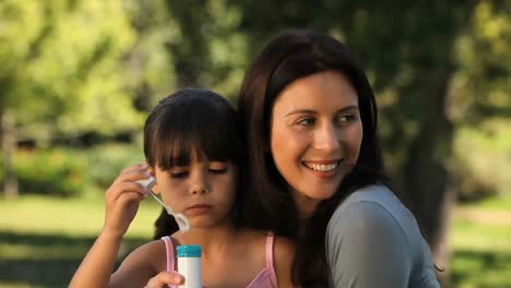 Madre-E-Hija-Soplando-Burbujas-Sentadas-En-La-Hierba