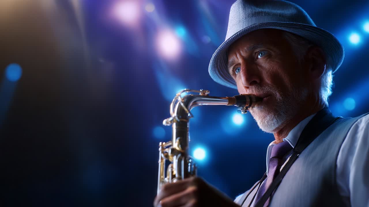 Captivating Performance: A Talented Saxophonist Plays with Passion Under Dazzling Stage Lights, Showcasing the Beauty of Music and the Artistry of Live Jazz in a Memorable Atmosphere
