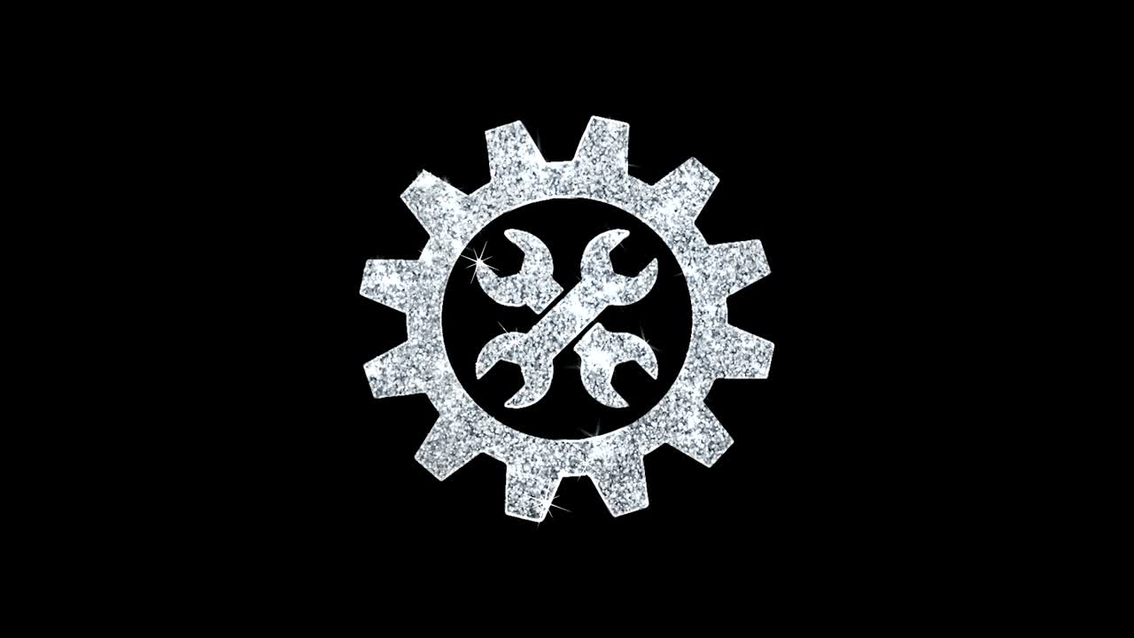 engranaje, opción, icono de servicio brillante bucle de brillo partículas parpadeantes.