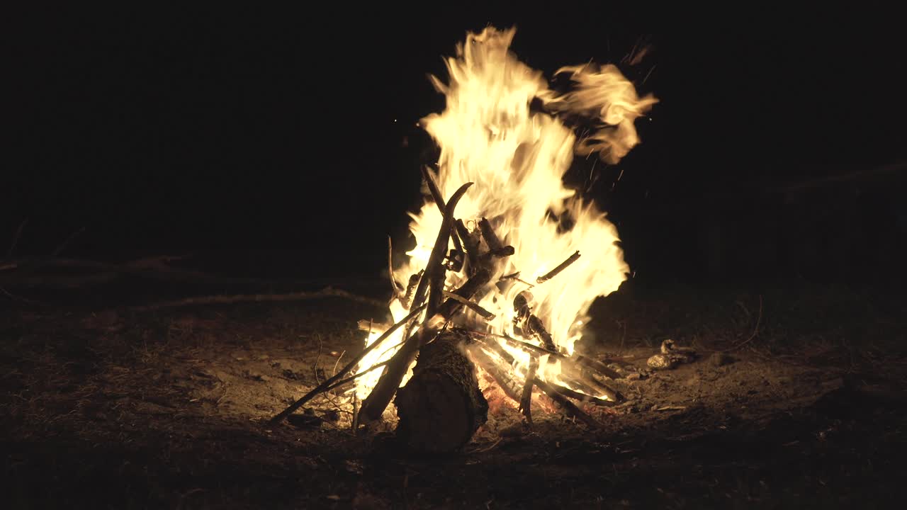 Campfire, big flames, nighttime camping