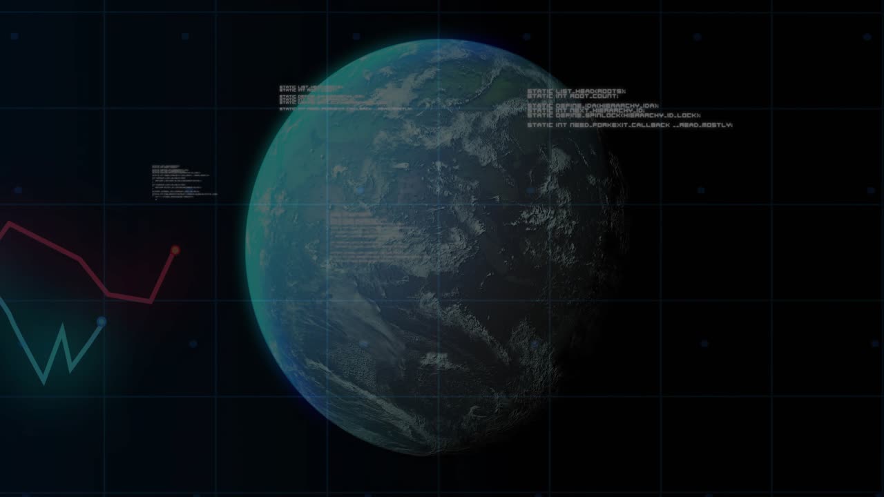 3D globe entering on dark grid, line graphs fading, code scrolling, data trends highlighting