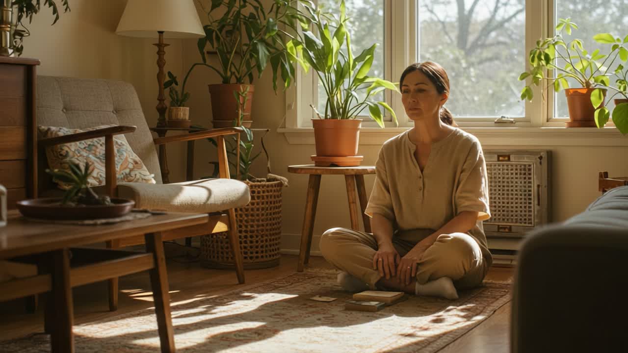 A Serene Moment of Contemplation in a Sunlit Living Room Surrounded by Lush Greenery and Cozy Décor, Capturing a Sense of Peace and Mindfulness