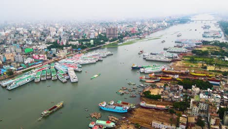 aerial: keraniganj shipbuilding dockyard on buriganga river port, bangladesh