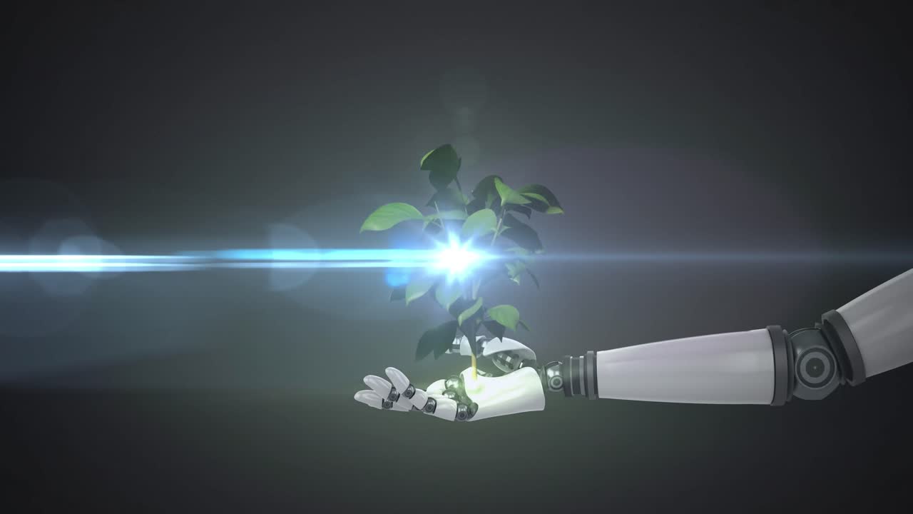 어두운 배경에 움직이는 빛과 함께 로 ⁇  팔의 손에 성장하는 식물의 애니메이션