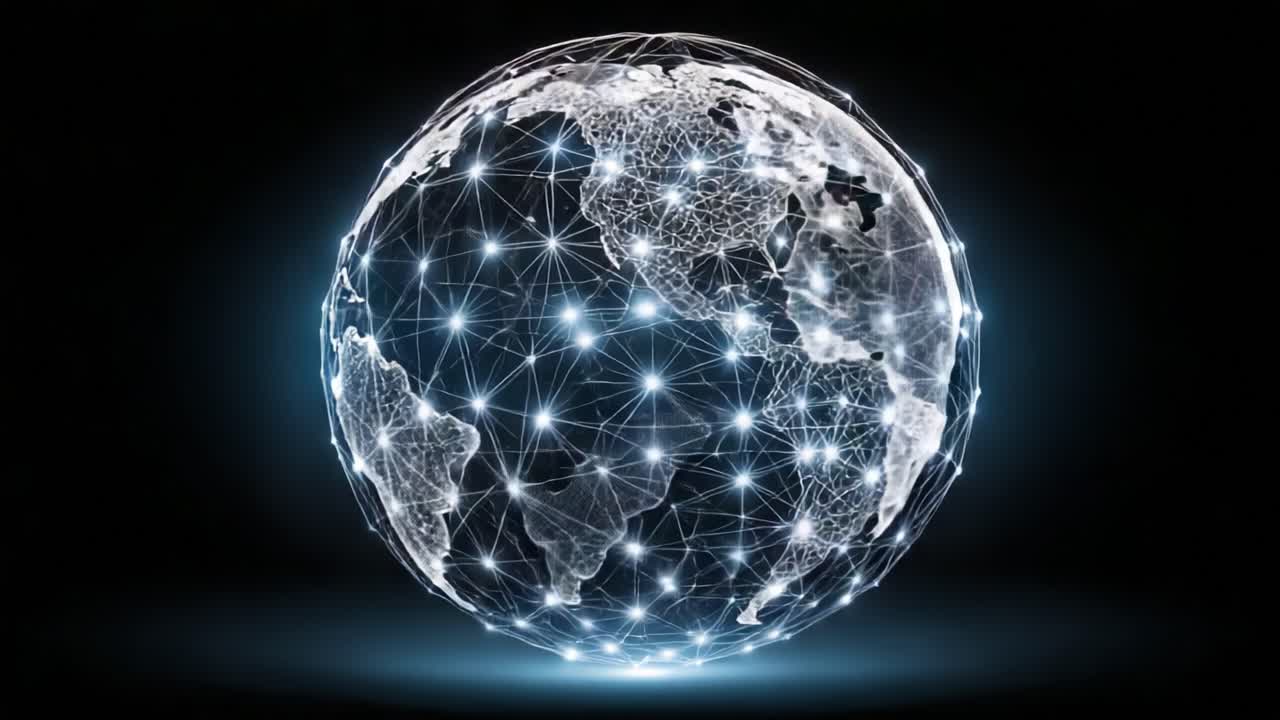 A Digital Representation of Earth Highlighting Global Connectivity with Luminous Nodes and a Network of Lines Symbolizing Interconnectedness Across Continents